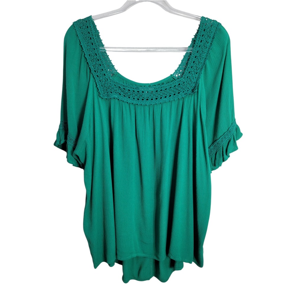 Maurices XXL Blouse Green Crochet Trim Ruffle Flutter Sleeve Boho Peasant Top